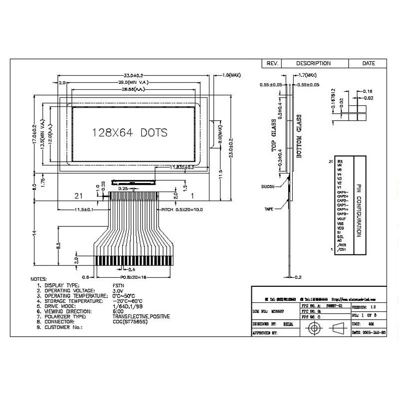 Dimension drawing of 2.9 Inch Compact Audio Bar TFT LCD Module for Audio Controls, HS29R06IT35-V1, Compact Audio Bar TFT LCD