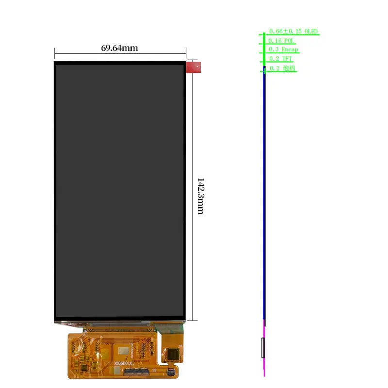Dimension drawing of 6.01 Inch AMOLED Game Console Display Mobile phone 1080×2160 800nits, HS0601D01, 6.01 Inch AMOLED Game
