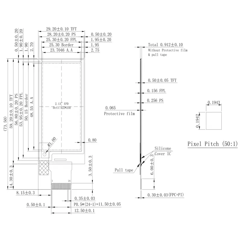 Dimension drawing of 2.13 Inch Epaper E-Ink Screen for Retail Price Tags, HS021308T03, Epaper E-Ink Screen, 2.13 inch