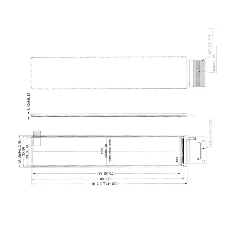 Dimension drawing of 6.9 Inch Small Stretched Touchscreen Module for Appliance HMIs, HS069LFM-350-40, Small Stretched