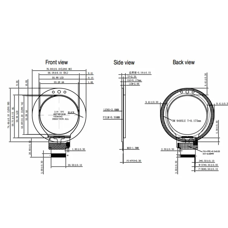 Dimension drawing of 2.1 Inch Round RGB SPI Touch Display Module for Smart Handhelds, HS021GFFO1ASVO2AV1, Round RGB SPI