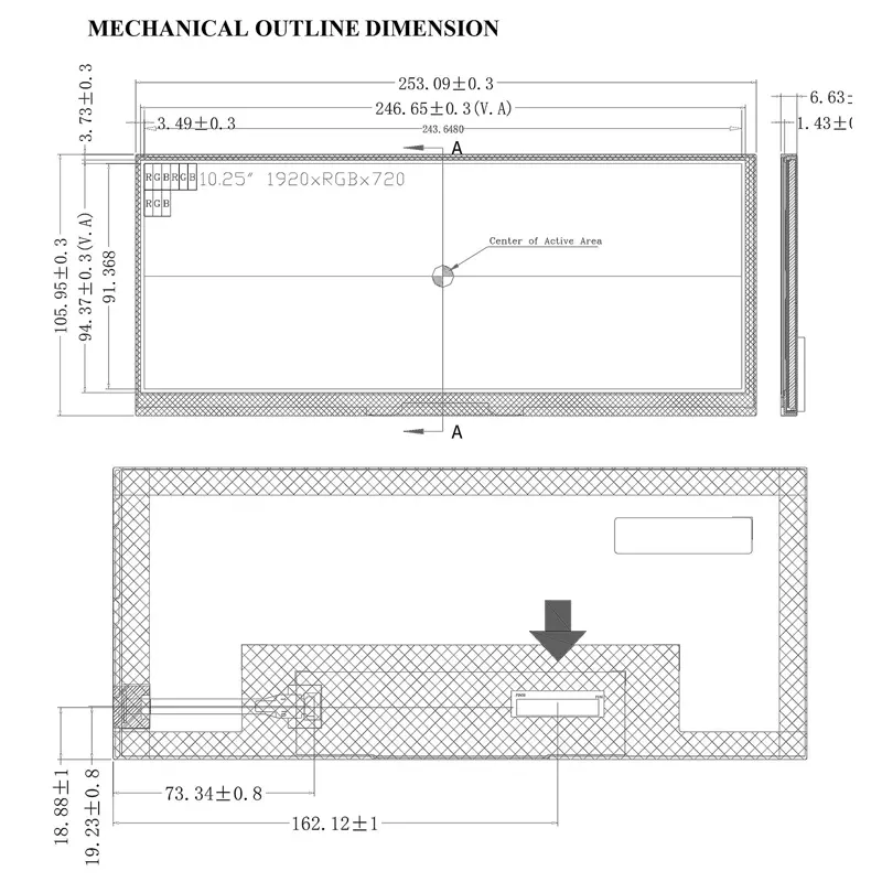 Dimension drawing of 10.25 Inch Automotive Capacitive Touchscreen TFT Panel for EV HMI, HS103Z7P-K10-50, Automotive