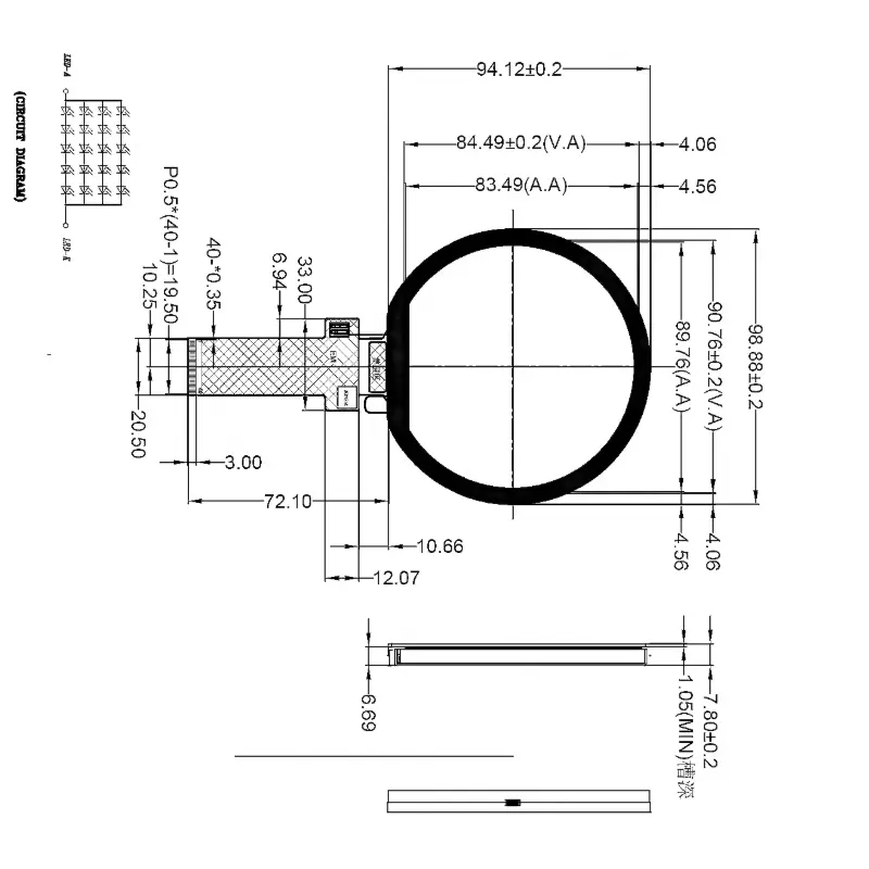 Dimension drawing of 3.6 Inch Round Vehicle Instrument TFT LCD Panel for Gauges, HS036YHM-1000-40, Round Vehicle Instrument