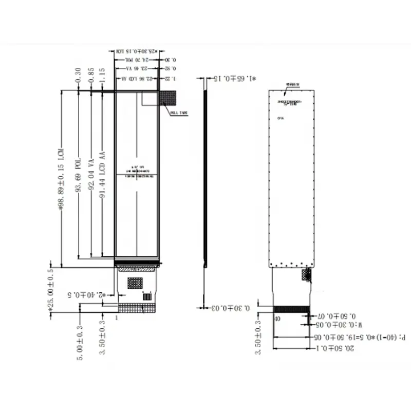 Dimension drawing of 3.71 Inch Handheld RGB Bar TFT LCD Module for Portable Terminals, HS0371BH001-01A, Handheld RGB Bar TFT