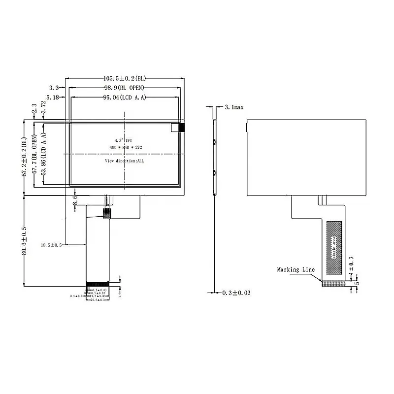 Dimension drawing of 4.3 Inch Smart Home RGB TFT Display Module for Control Panels, HS043BC018-04, Smart Home RGB TFT
