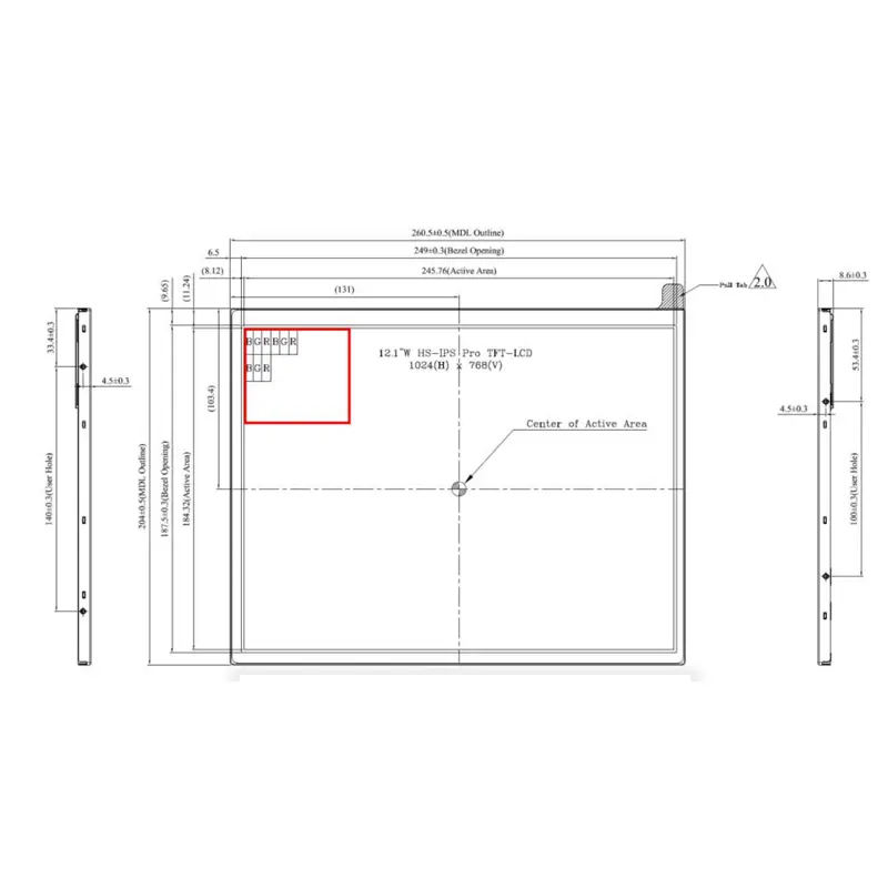 Dimension drawing of 12.1 Inch 1024×768 Capacitive Touch Display Module for 4:3 HMI Panels, HS012101LZR20B, Capacitive Touch