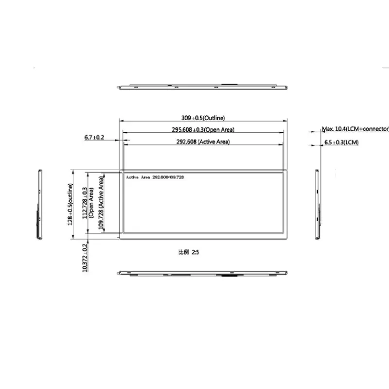Dimension drawing of 12.3 Inch Wide Temperature 750 Nits Touch Display for Industrial HMI, HS012302YH50D, Wide Temperature
