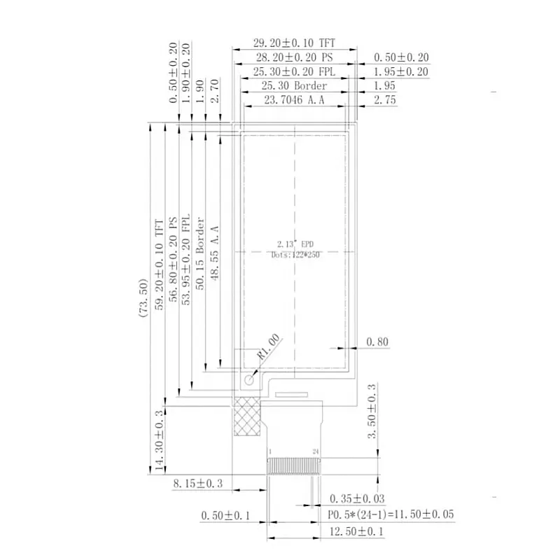 Dimension drawing of 2.13 Inch E Paper Display Module for Electronic Shelf Labels, HS0213A03A, 2.13 Inch E Paper Display