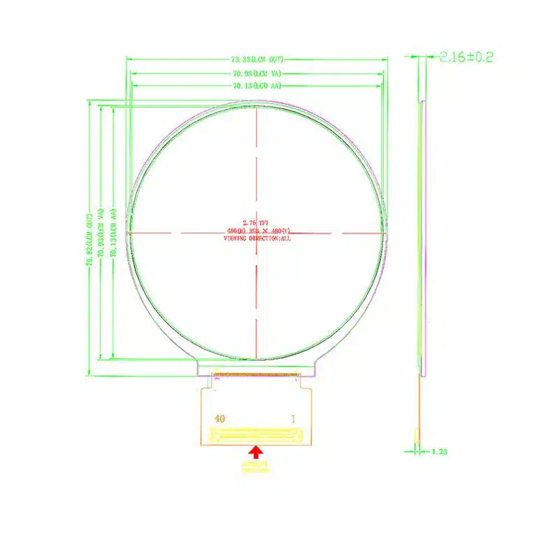 Dimension drawing of 2.8 Inch Round LCD Module for Wearable Interfaces, HS028Z6M-400-40, Round LCD Module, 2.8 inch, 480×480