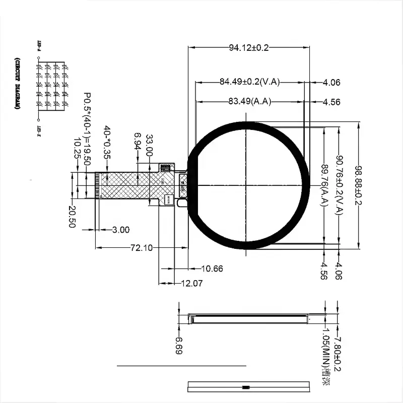 Dimension drawing of 3.6 Inch eBike Gauge Display Assembly for Round Dashboards, HS036H120A, 3.6 inch round IPS TFT display