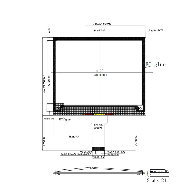 Dimension drawing of 4.2 Inch Low Power E-Paper Display Module for OEM R&D Teams, E-paper display module, 4.2 Inch Low Power