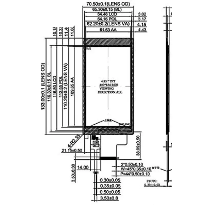 Dimension drawing of 5 Inch Portrait Touch Display Module for Industrial HMI, HS0500GG22AFWI-21A, 5 Inch Portrait Touch