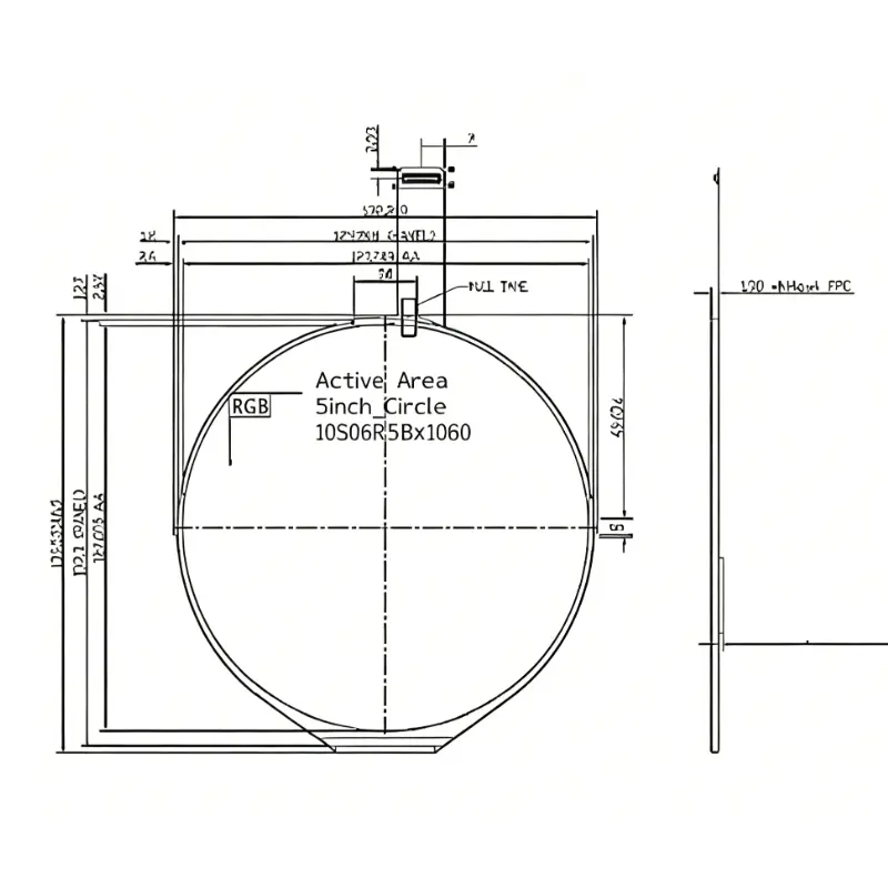 Dimension drawing of 5 Inch Circular LTPS TFT Module for Smart Home Panels, HS050YMM-J40, Circular LTPS TFT Module, 5.0