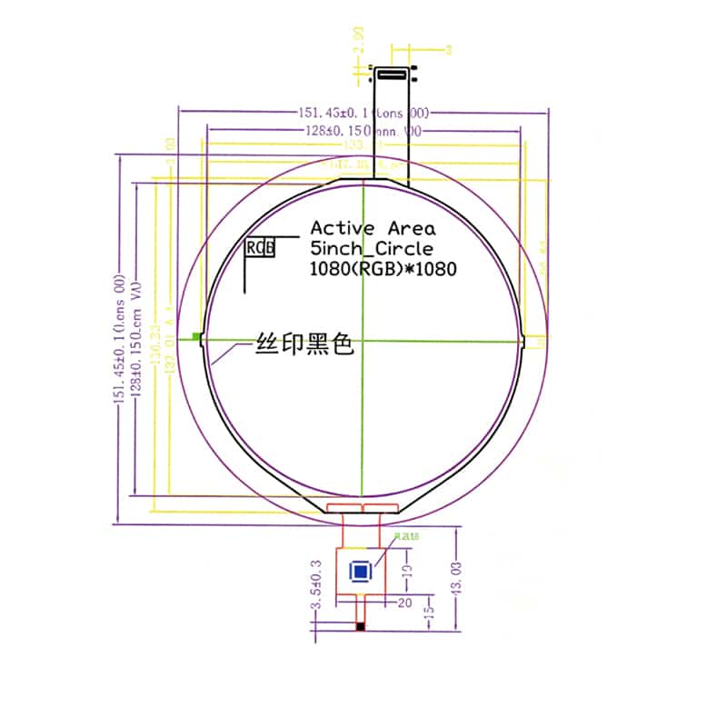 Dimension drawing of 5 Inch Round Touch Display MIPI-DSI Module for Smart Home Controls, HS050YMP-J40, 5 Inch Round Touch