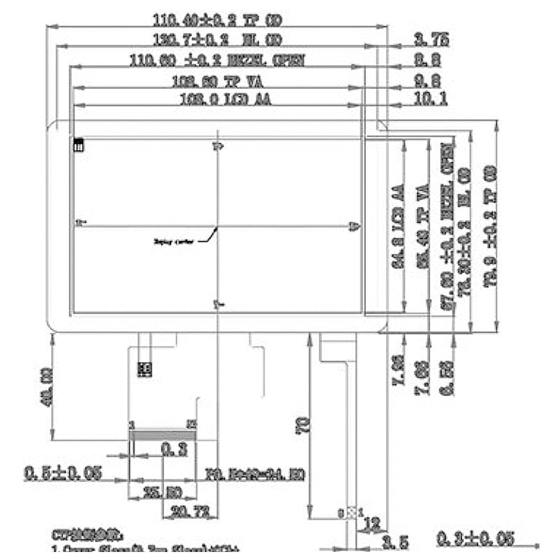 Dimension drawing of 5 Inch WVGA Touchscreen LCD Panel for Embedded Controls, HS05ONA-01G + MTP, 5 Inch WVGA Touchscreen LCD