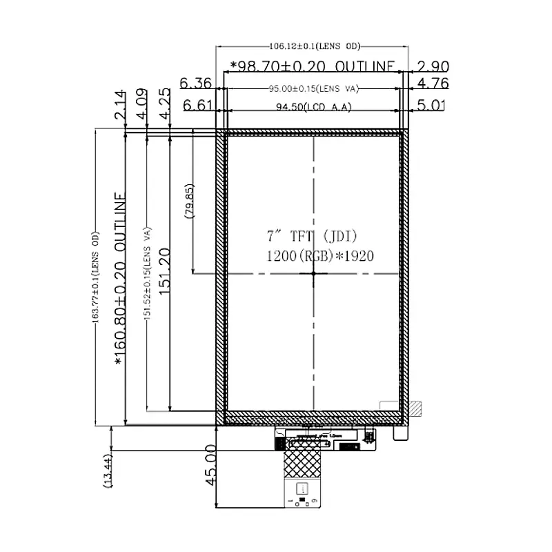 Dimension drawing of 7 Inch 1200×1920 MIPI Display Module for Smart Terminals, HS0700J16EA + HS070GG20, 1200x1920 MIPI