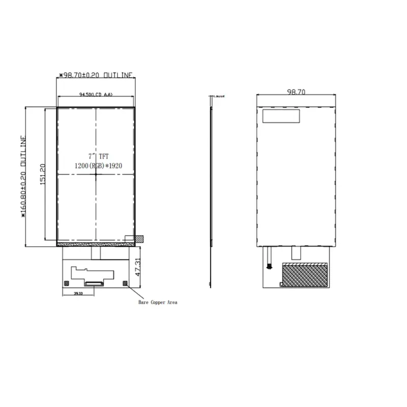Dimension drawing of 7 Inch LVDS Touch Display Module for Smart Terminals, HS070UG56A-V1, 7 Inch LVDS Touch Display Module
