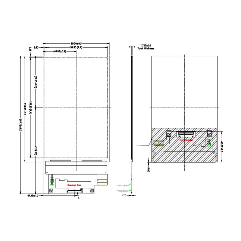 Dimension drawing of 7.0″ 1024×600 400nits LVDS IPS Industrial Consumer TFT Module 1100:1, HS070WU10-O, 7.0 1024x600 400nits