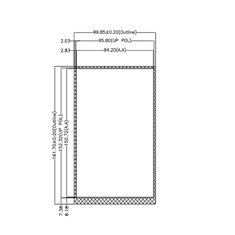 Dimension drawing of 7 Inch Portrait Capacitive Display Module for Smart Terminals, HS070WX49A-V1, 7 Inch Portrait