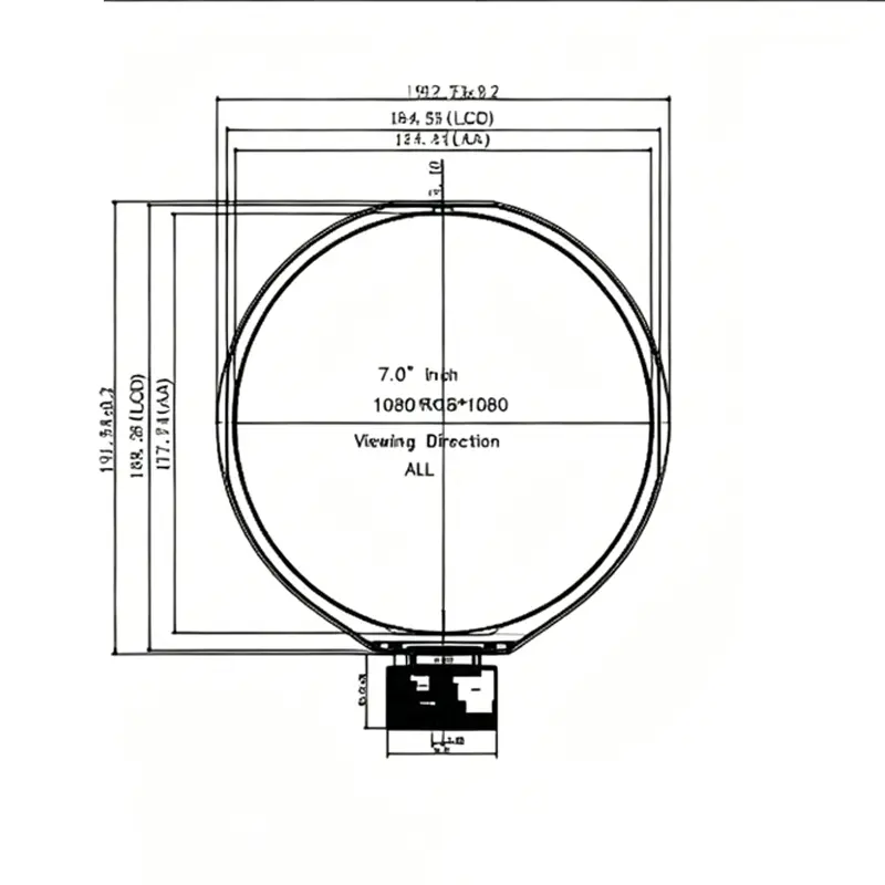 Dimension drawing of 7 Inch Circular LVDS IPS Display Module for Smart Dials, HS070XUAY-800-40, Circular LVDS IPS Display
