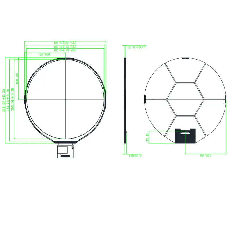 Dimension drawing of 8 Inch Round HMI LCD Panel for Industrial Instruments, HS080XUAY-340-40, 8 Inch Round HMI LCD Panel