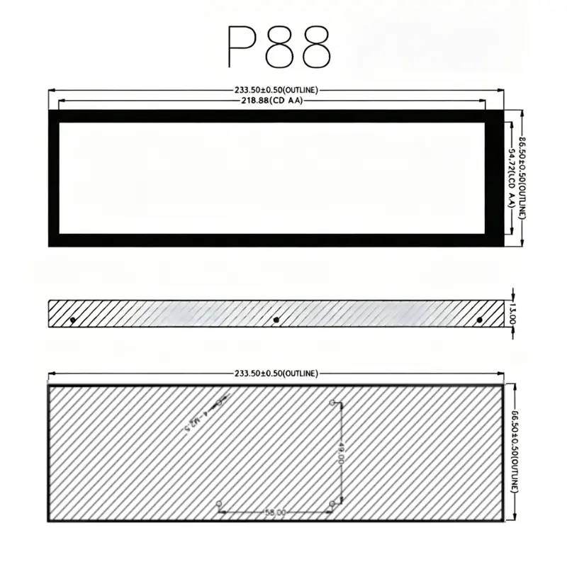 Dimension drawing of 8.8 Inch Ultra Wide HDMI Touch Monitor for Embedded HMI, HS088QWO1A-V1, Ultra Wide HDMI Touch Monitor