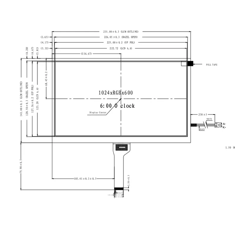 Dimension drawing of 10.1 Inch Industrial Capacitive PCAP Touch Panel Module for HMI, HS101037Y0130A, Industrial Capacitive