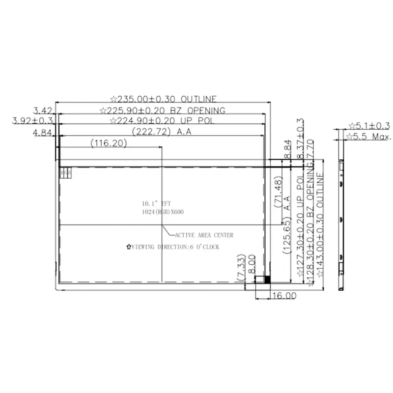 Dimension drawing of 10.1 Inch LVDS Touchscreen Panel Capacitive Touch for Industrial HMI, HS101L06-L0A, 10.1 Inch LVDS
