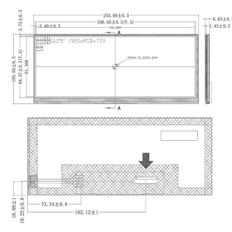 Dimension drawing of 10.25 Inch Panoramic LVDS LCD Module Bar Display for Dashboard HMIs, HS103Z7M-K10-50, Panoramic LVDS