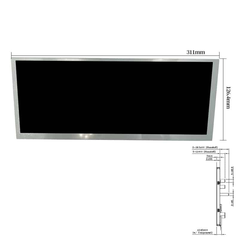 Dimension drawing of 12.3″ 1920×720 850nits 74%NTSC LVDS Automotive Industrial Module 1500:1, HS123JPW3-D10, 12.3 1920x720