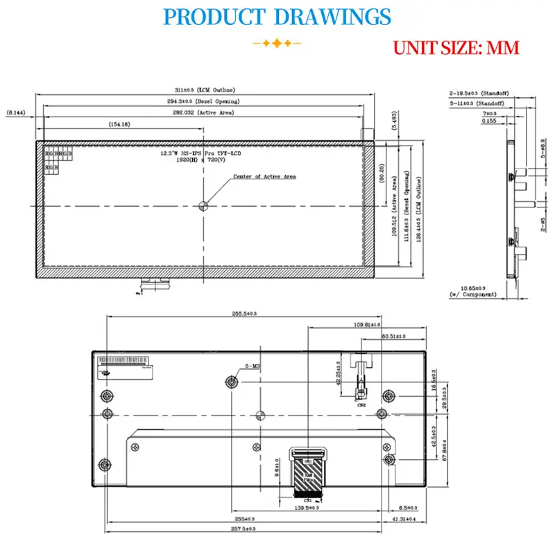 Dimension drawing of 12.3″ 1920×720 850nits LVDS Automotive Industrial TFT Module 1500:1, HS123JPW3-D10, 12.3 1920x720