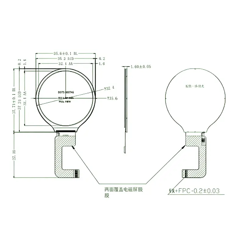 Dimension drawing of 1.28 Inch SPI TFT Display Module 240×240 Wearable Smart Home, HS128A1502, 1.28 Inch SPI TFT Display
