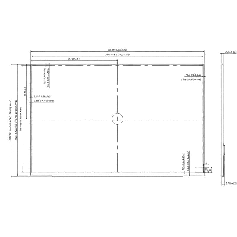 Dimension drawing of 14 Inch 16:10 TFT Display Panel for Embedded Controls, HS140FHM-300-30, 14 Inch 16:10 TFT Display