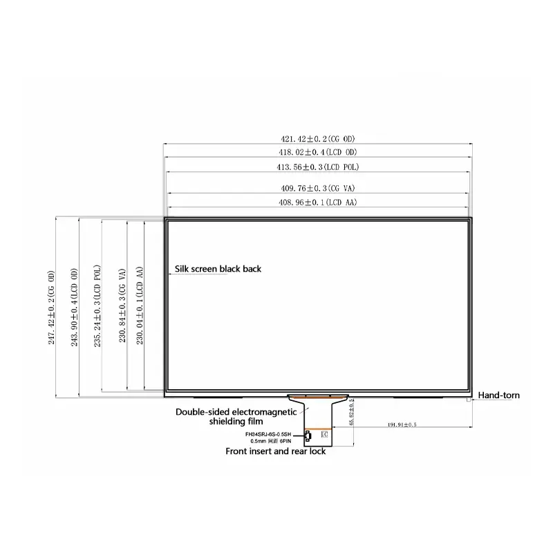 Dimension drawing of 18.5″ 1920×1080 300nits 72%NTSC LVDS Touch Module 1000:1, HS18D50766, 18.5 1920x1080 300nits 72%NTSC