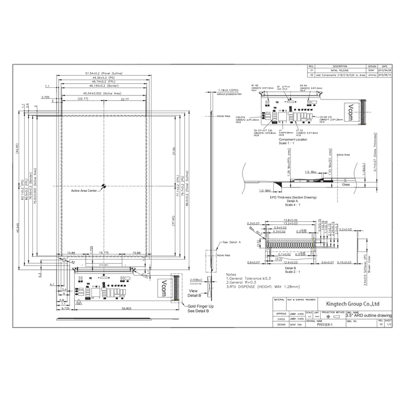 Dimension drawing of 3.5 Inch Low Power E-Paper Display for IoT Devices, HSO35EK-1, Low Power E-Paper Display, 3.5 inch