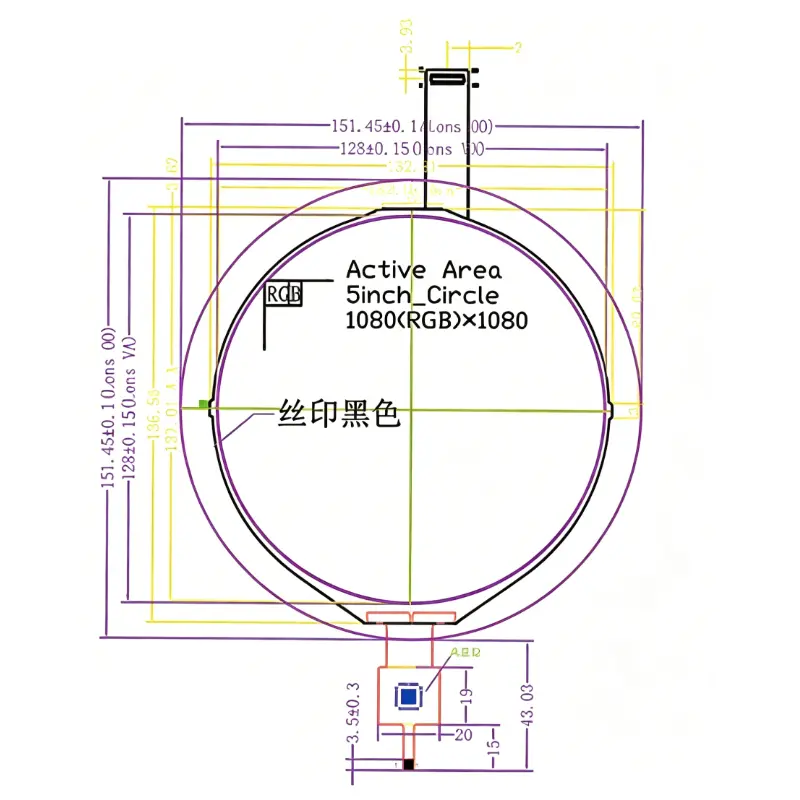 Dimension drawing of 5 Inch 1080p Round MIPI Touchscreen for Premium Audio Dials, HSO50YMP-J40, 1080p Round MIPI
