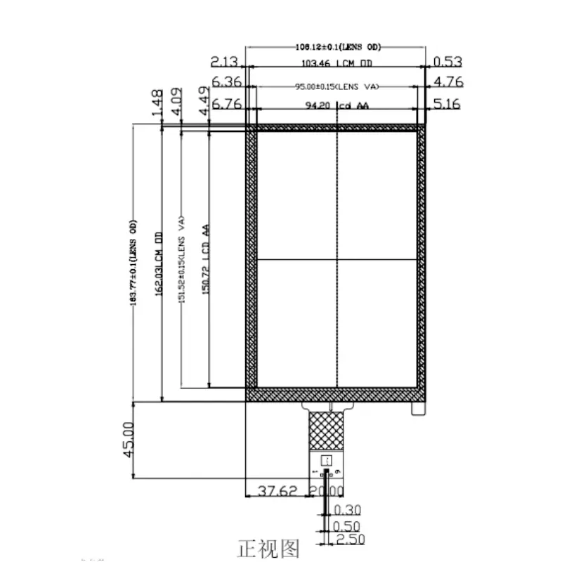 Dimension drawing of 7 Inch MIPI LCD Module with CTP for Embedded HMI, HSO70ICN-PB1 + HS7033C-3, 7 Inch MIPI LCD Module with