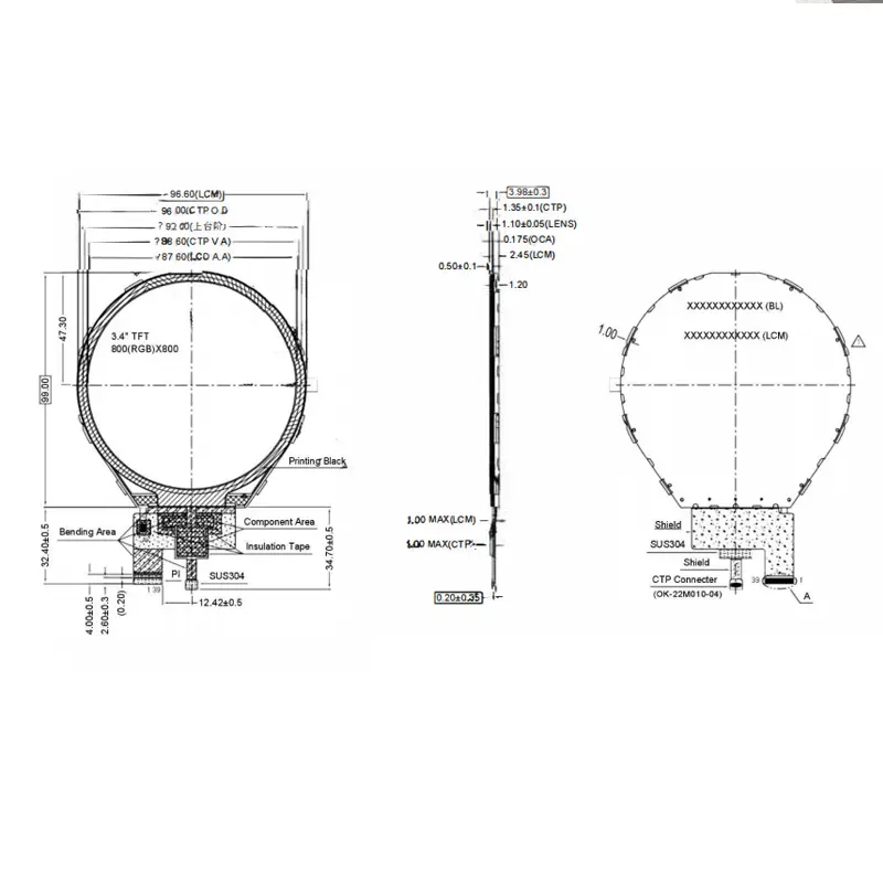 Dimension drawing of 3.4 Inch MIPI Circular TFT LCD 800×800 CTP for Smart Wearable & Industrial, HS034WV02A-V1, 3.4 Inch