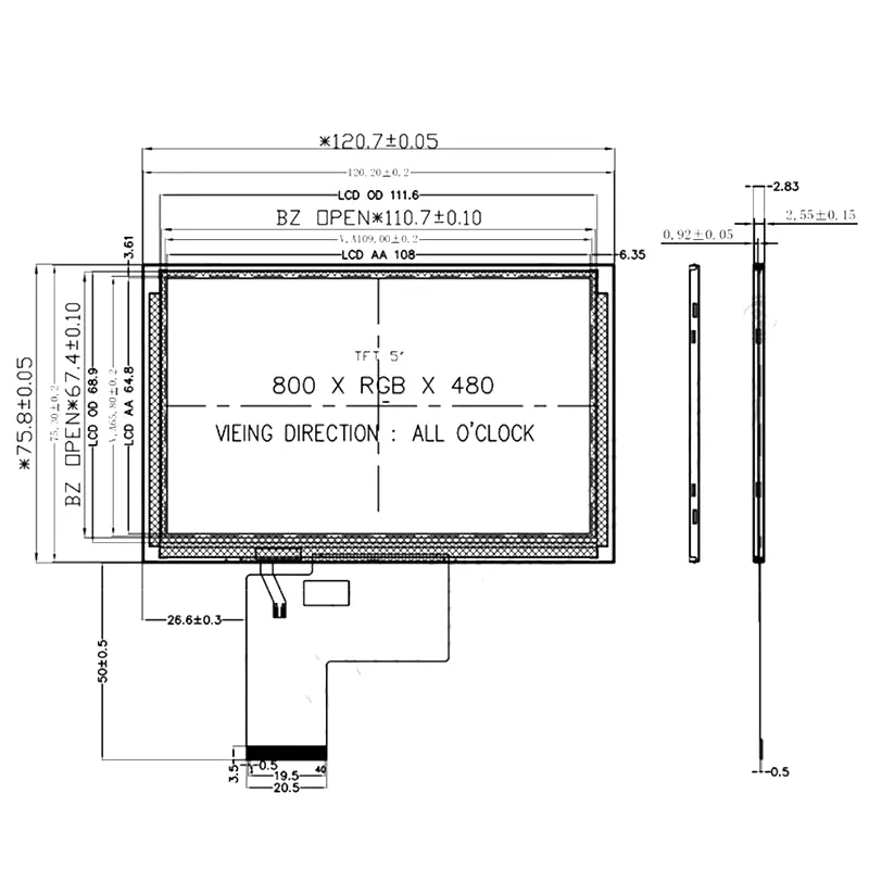 Dimension drawing of 5 Inch WVGA IPS Display Panel for Industrial Controls Module, HS0307-A, WVGA IPS Display Panel, 5.0