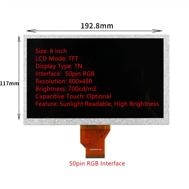 Dimension drawing of 8 Inch RGB Industrial HMI Touch Display Module for Control Panels, HS080PRT700, RGB Industrial HMI