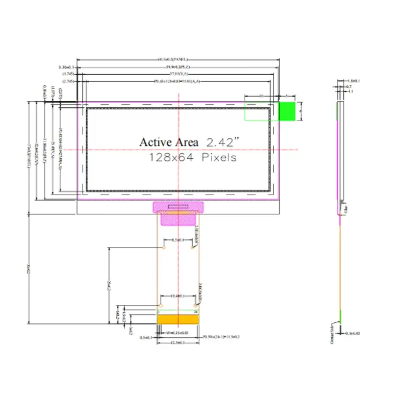 Dimension drawing of 2.42 Inch Monochrome PMOLED Graphic Display for Instruments, HS6013A, Monochrome PMOLED Graphic