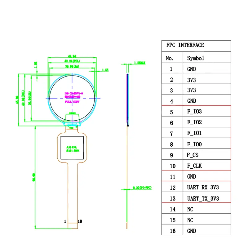 Dimension drawing of 1.6 Inch Circle LCD Module for Medical Instrument HMI, HS40015C41-A, Circle LCD Module, 1.6 inch